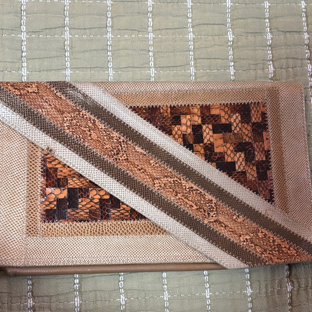 Varon vintage reptile snakeskin pattern Beige & Copper Embellished Clutch Wallet